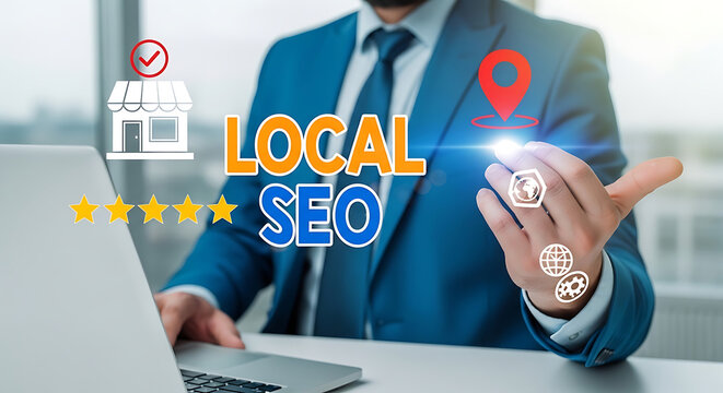 Local SEO strategy with a businessman optimizing online presence for business growth