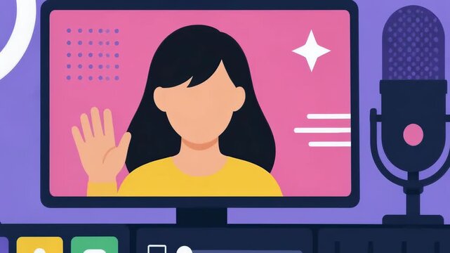 A stylized flat vector animation of a streamer setup showing a girl on screen, capturing the aesthetic of modern digital broadcasting equipment and online content creation platforms for viewers.