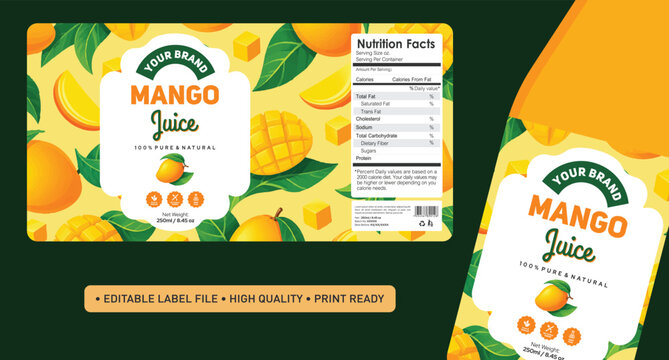 Mango juice label design, mango drink bottle packaging design with seamless tropical pattern with ripe mango fruits, sliced mango pieces, cubes, and green leaves pattern background editable vector