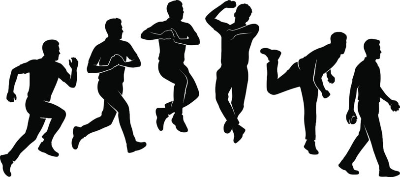 Dynamic cricket bowler silhouette vector set featuring professional athletes in various bowling action sequences for sports tournament branding athletic club posters and competitive cricket match grap