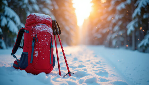 Red backpack and ski poles rest on snowy winter forest path with soft sun glare. Falling snow flakes create magical atmosphere on tranquil outdoor adventure scene. Ready for winter journey.