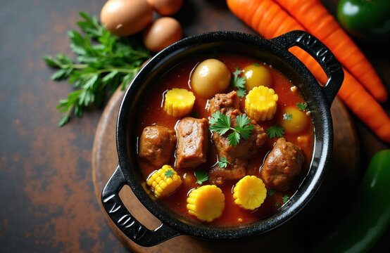 Hearty pork stew with potatoes corn and carrots in rich tomato broth. Served hot in black pot. Delicious meat dish with fresh herbs garnish. Traditional comfort food.