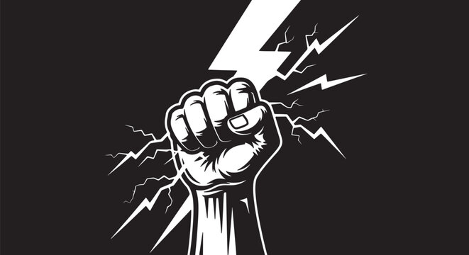 Black and white of a clenched fist gripping a lightning bolt also transparent background, gripping lightning