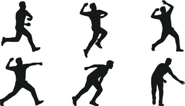 Cricket bowler silhouettes set featuring professional athletes in various bowling action poses for sports team branding athletic club posters and cricket tournament championship graphic design element