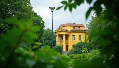 Obraz premium Yellow neoclassical mansion stands in green rich garden park surrounded by tall trees. Modern lamp post is near building facade with classical columns. Overcast sky.