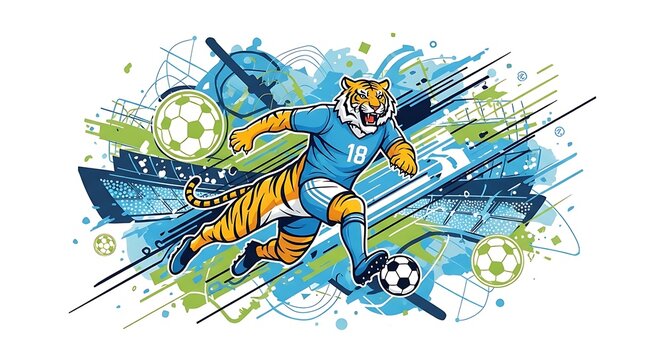 Dynamic soccer tiger player sprinting on abstract field with football ball and colorful lines.