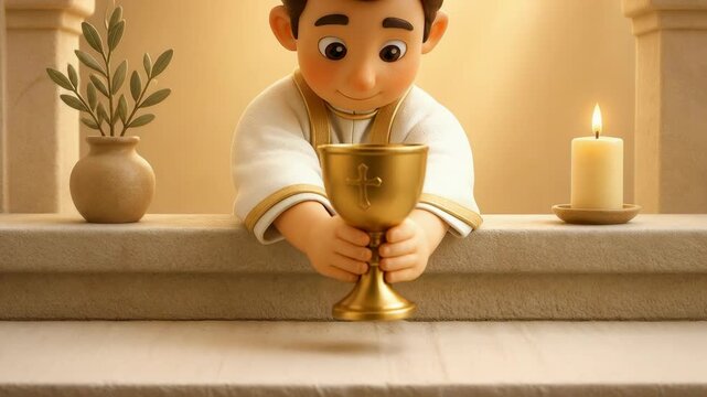 A stylized young boy in white vestments holds a golden chalice with a gentle smile as he participates in a sacred religious ceremony within a serene and peaceful church sanctuary setting.