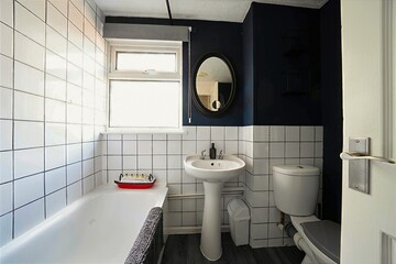 Fototapeta premium Interior view of a modern decorated bathroom with white tiled walls, a sink and toilet, plus an oval mirror and a bathtub