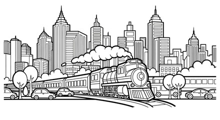 Train traveling along tracks in front of a busy metropolitan skyline with buildings and cars creates a detailed urban landscape illustration designed for coloring and creative educational projects. © Masuk Sat
