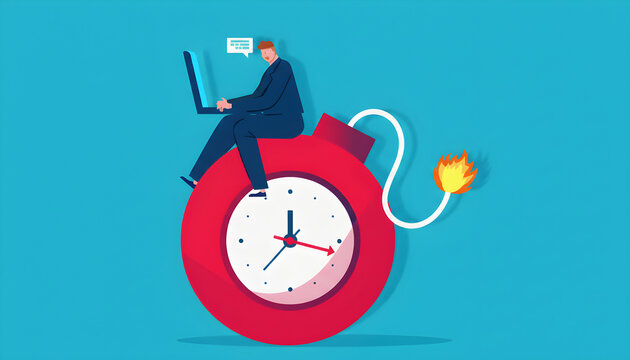 Businessman working on laptop, sitting on a ticking time bomb with lit fuse, deadline concept