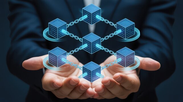 Abstract network of interconnected cubes over hands