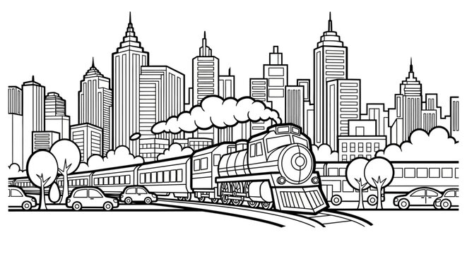 Train traveling along tracks in front of a busy metropolitan skyline with buildings and cars creates a detailed urban landscape illustration designed for coloring and creative educational projects.