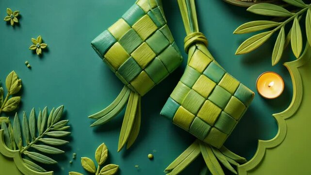 Two elegant woven ketupat rice dumplings hang gracefully against a textured green background, beautifully capturing the spirit of traditional Islamic celebrations like Eid and Ramadan festivities.