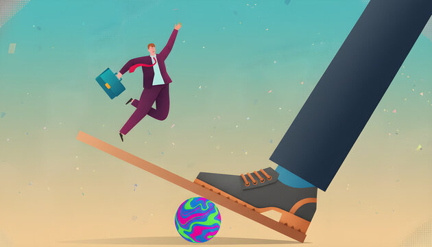 Businessman balancing on seesaw with briefcase, large foot crushing globe, symbolizing career struggle and global pressure