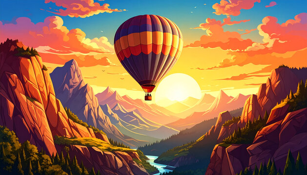 Hot Air Balloon Flying Over Scenic Mountains at Sunset
