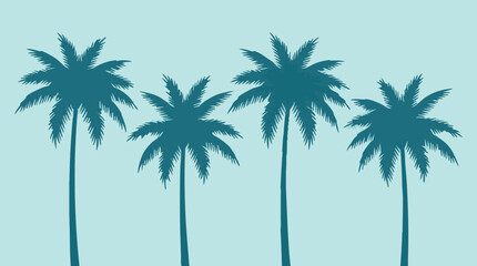 Four minimalist blue palm tree silhouettes on a light blue background © Zigmate