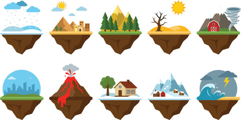 Floating island biome set featuring diverse ecosystems and natural disasters like volcanoes, tornadoes, desert drought, arctic winter, and forest landscapes for environmental education and climate © MdGohurul