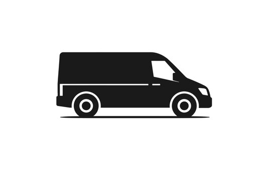 Sleek black silhouette of a modern commercial delivery van, perfect for illustrating efficient cargo transport, express courier services, and robust logistics solutions. This versatile vehicle graphic