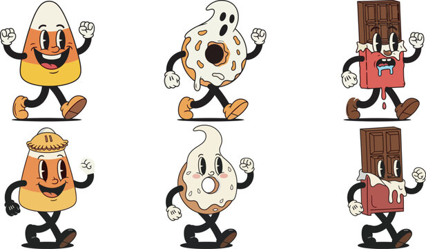 Retro Halloween candy characters, vintage cartoon dessert mascots, classic spooky sweet treats, walking candy corn and chocolate bar vector set