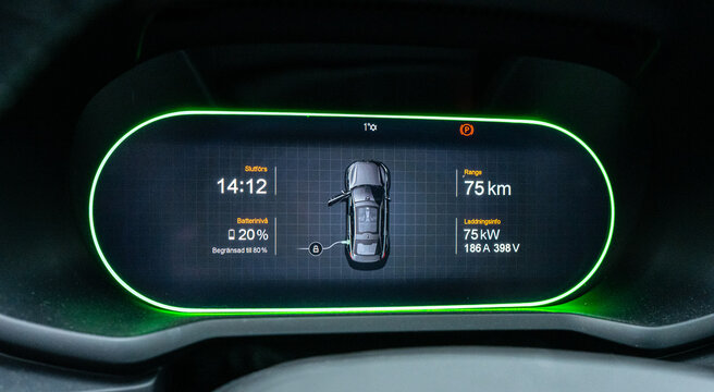 Electric car dashboard showing charging status and range.