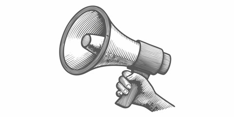 Naklejka premium Bullhorn loudspeaker held in hand vintage engraving style on white
