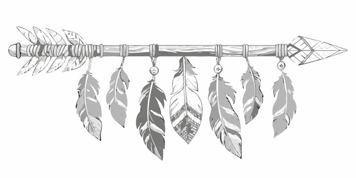 Tribal arrow with feathers hand drawn sketch style on white background
