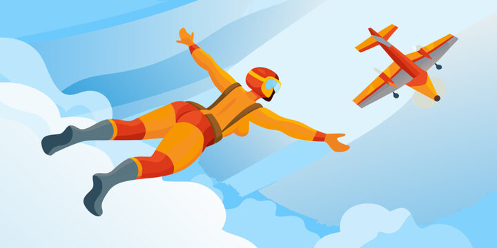 Person in free fall with airplane vector illustration with clouds