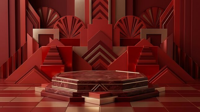 red modern luxury bedroom with red velvet headboard and geometric patterned pillows at night