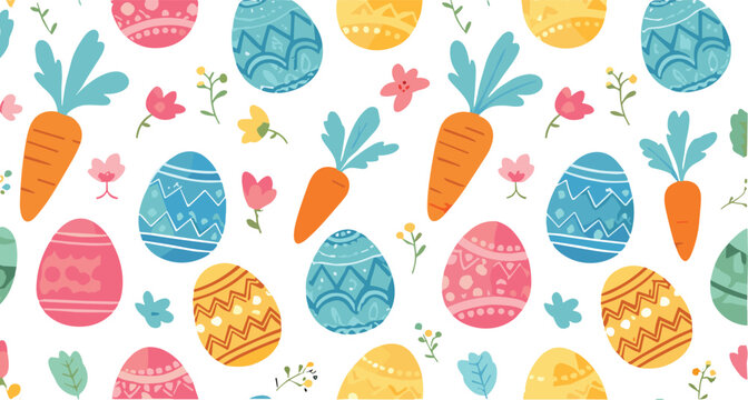 Colorful Easter seamless pattern with decorated eggs carrots flowers and leaves in playful pastel style for spring textile wrapping paper and background design
