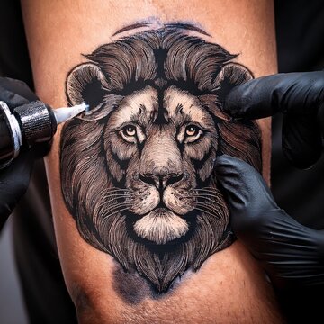 A majestic portrait of a wild male lion with its powerful mane and noble feline face, beautifully depicted as a tattoo on a human arm.
