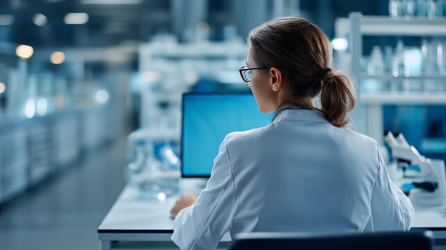 Rear view of a scientist working at a computer in a research laboratory with equipment visible in background, biotech research concept, laboratory innovation, healthcare development