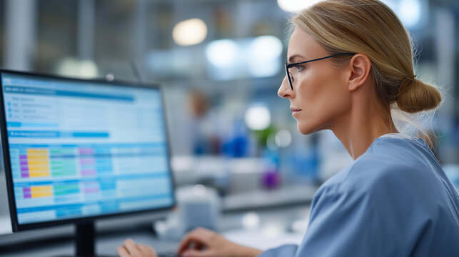 Rear view of a specialist using a computer to track lab test results through a digital ordering system, lab integration concept, diagnostic workflow technology, clinical efficiency tool,