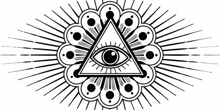 eye of providence illustration black and white with radial burst