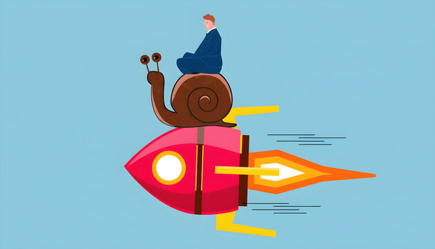 Man riding snail on rocket against blue sky