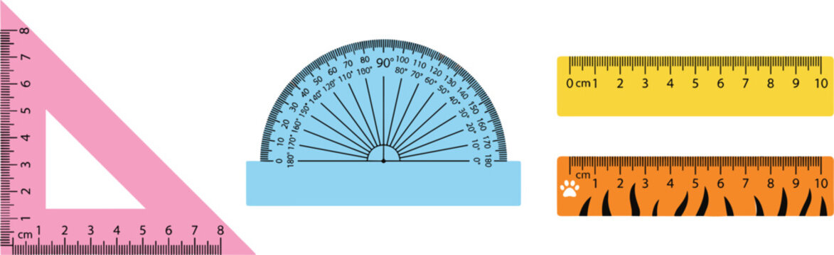 School stationery measuring tools set with colorful plastic ruler, protractor, and triangle square for mathematics education, geometry lessons, student supplies, and technical drawing 