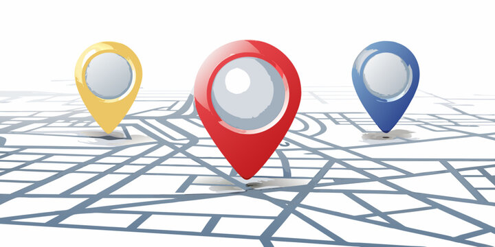gps map markers red yellow and blue on city map
