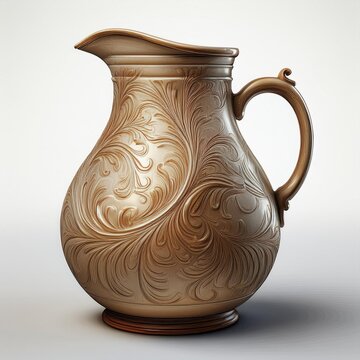 Antique brown clay pottery jug and ceramic vase container isolated on white background as handcrafted earthenware art objects for traditional decoration