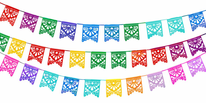 papel picado banner colorful cut paper garland on white background