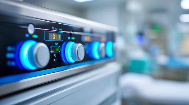 Close-up of a modern hospital control panel with glowing buttons and digital displays, clinical environment concept, hospital room technology, patient care infrastructure, defocused