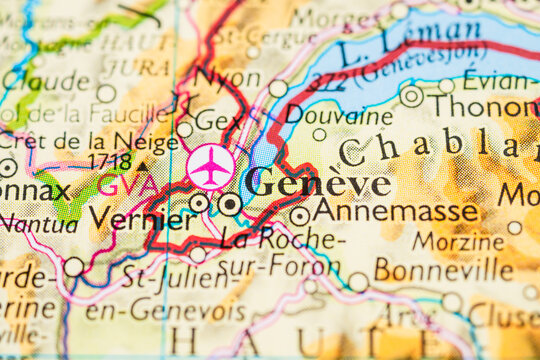 Close up map of Geneva and surrounding French Swiss border region.