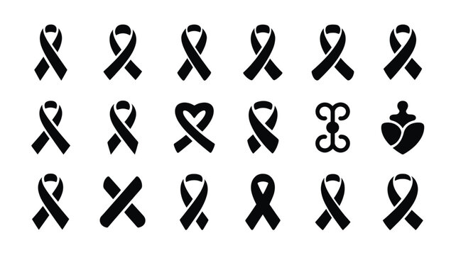 Set of 20 Black Awareness Ribbons Vector Icons