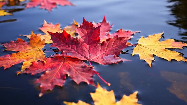 Autumn Maple Leaves Floating Gently on the Water Surface.