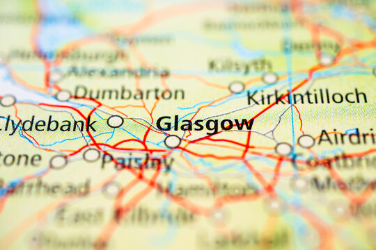Close up road map detail highlighting Glasgow and surrounding Scottish towns.