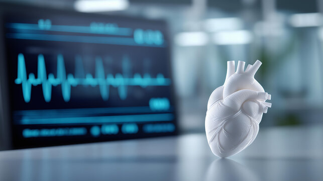 Close-up of a 3D-printed heart model displayed beside vital signs data on a digital screen, medical manufacturing concept, healthcare innovation, organ model technology, defocused
