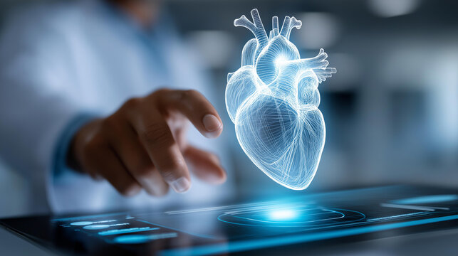 Close-up of a glowing holographic human heart rotating above a digital interface in a hospital setting, medical innovation concept, cardiac technology, futuristic diagnosis, defocused