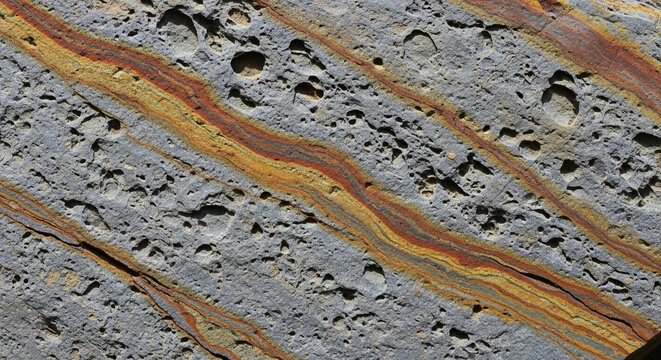 Closeup of rusty metal bolts on a weathered concrete surface with orange rust streaks