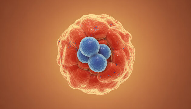 Cell nucleus with pores &ndash; detailed 3D view of the nuclear envelope, nuclear pore complexes, visible chromatin (DNA and proteins), cellular biology concept, isolated on orange shade background