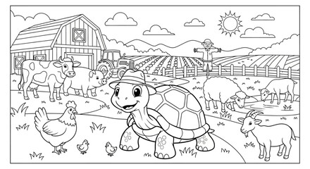 Turtle wearing a hat stands on a farm surrounded by various animals and a barn for an educational coloring book activity. © Masuk Sat