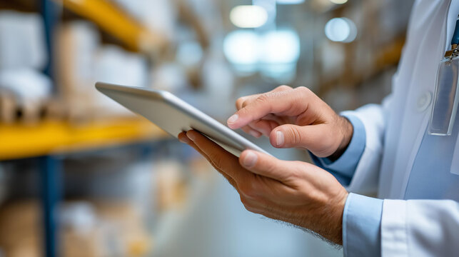 Close-up of a tablet displaying a logistics software interface tracking medical supply stock levels in a hospital warehouse, healthcare supply chain concept, medical inventory management,