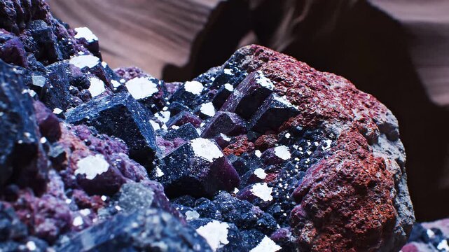Close-Up View of Azurite Malachite Mineral Specimen with White Spots.
